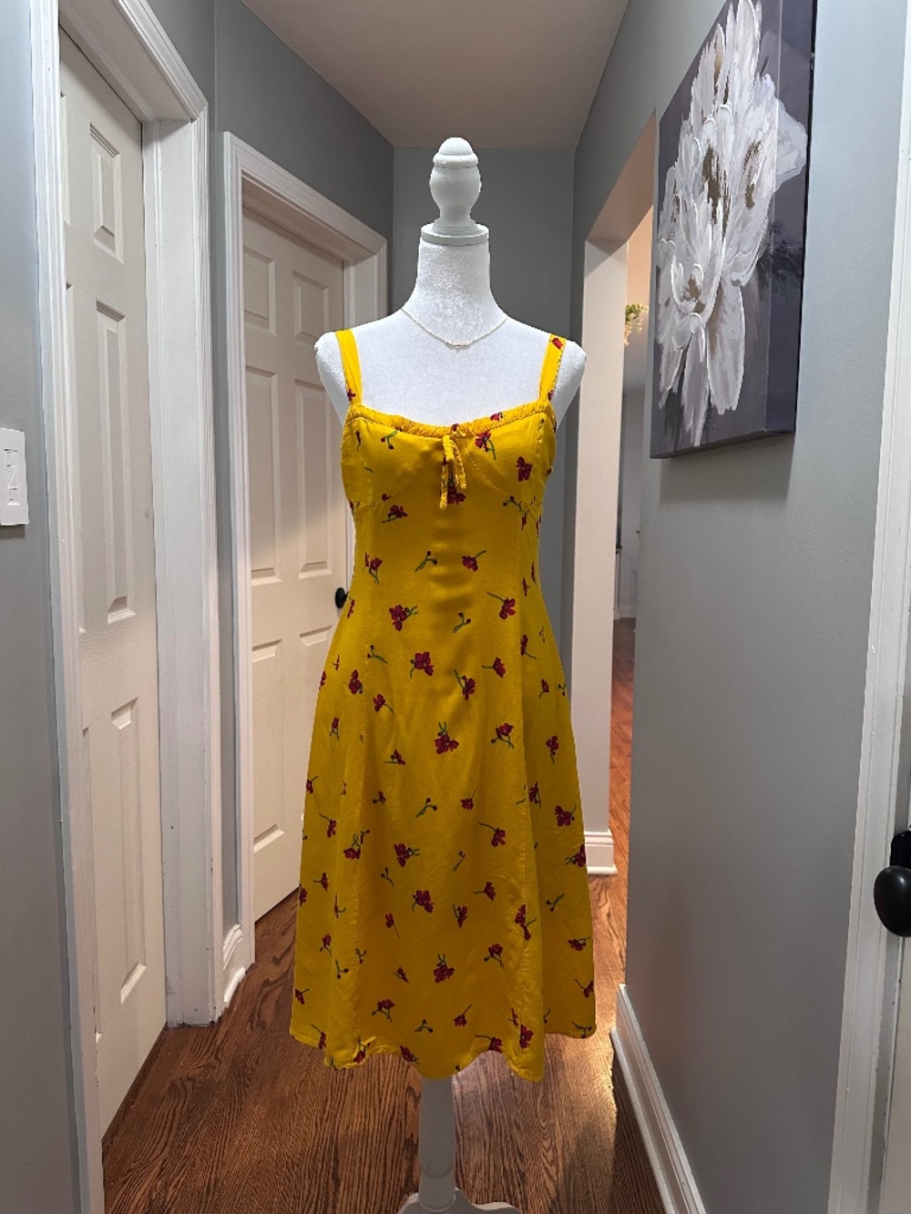 Dress Forum Coquette Yellow Mustard Red Floral Summer Midi Dress